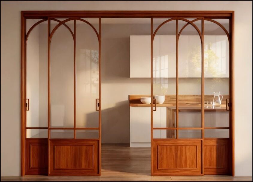 French Retro Walnut Wood Triple Sliding Door with Titanium-Magnesium Alloy Frame for Kitchen, Balcony, and Living Room