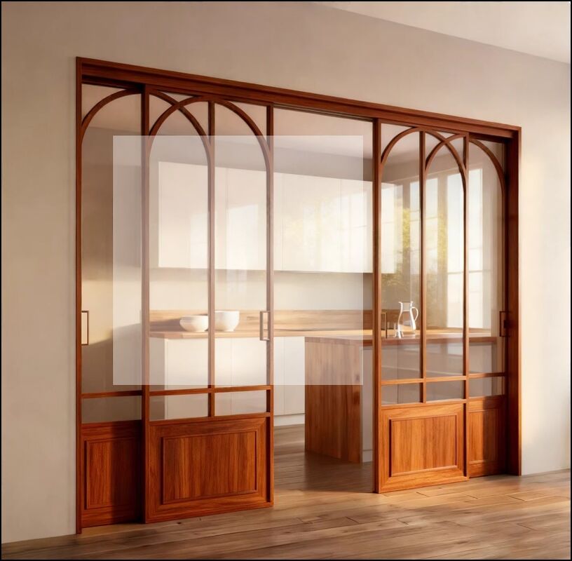 French Retro Walnut Wood Triple Sliding Door with Titanium-Magnesium Alloy Frame for Kitchen, Balcony, and Living Room