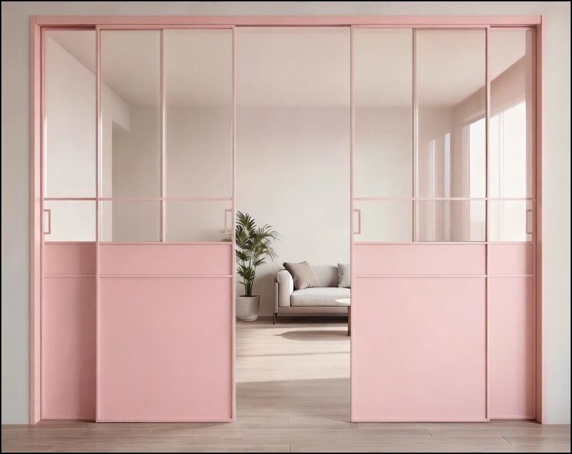 Custom French Retro Aluminum Sliding Door, Pink Hanging Rail Linkage Door for Living Room Partition Balcony