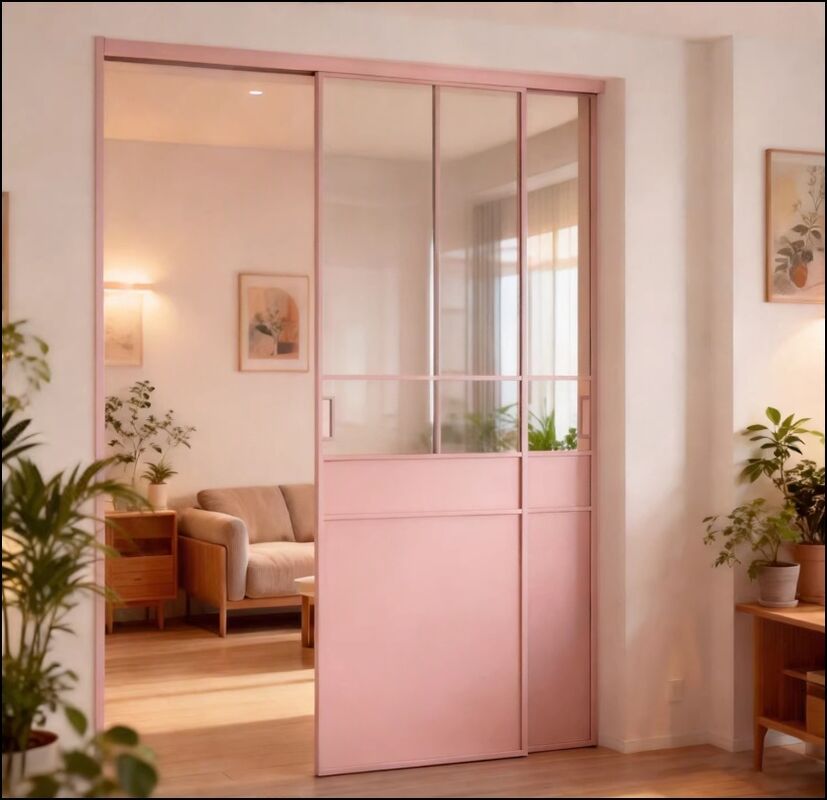 Custom French Retro Aluminum Sliding Door, Pink Hanging Rail Linkage Door for Living Room Partition Balcony