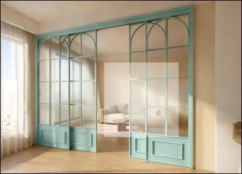 French vintage triple linkage glass door kitchen sliding door aluminum alloy partition door living room balcony floor rail sliding door