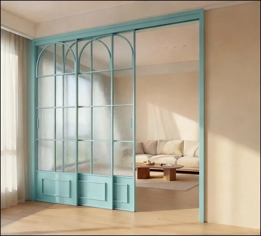 French vintage triple linkage glass door kitchen sliding door aluminum alloy partition door living room balcony floor rail sliding door