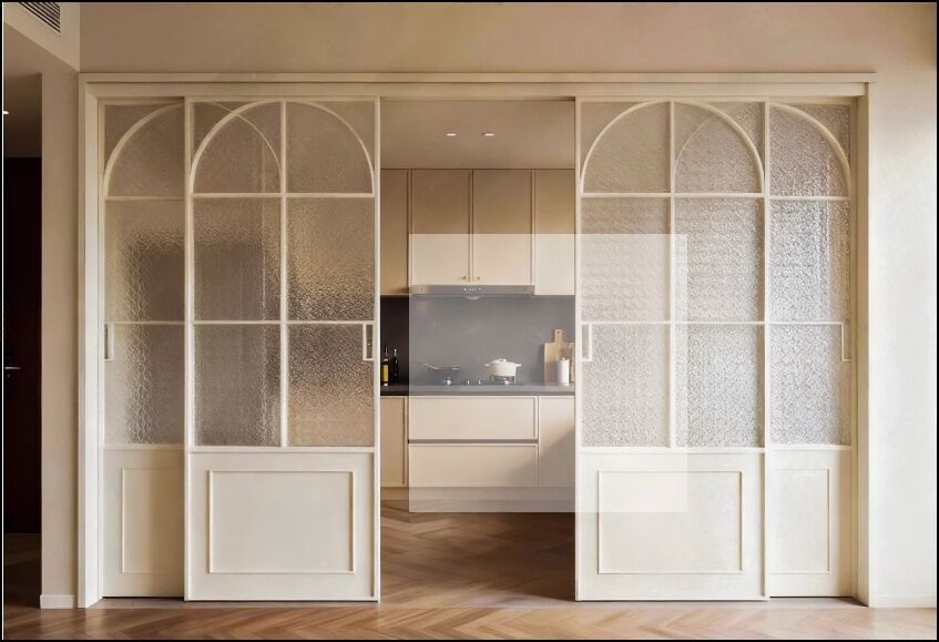 Kitchen sliding door, French vintage triple linkage, living room balcony, bedroom partition, hanging rail, floor rail, glass sliding door, customization