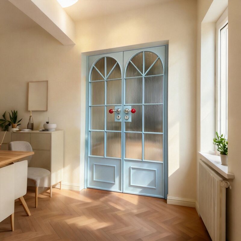 Custom French retro blue double open titanium magnesium aluminum alloy glass double door for bathroom and toilet partition
