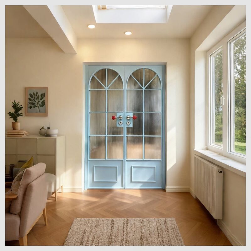 Custom French retro blue double open titanium magnesium aluminum alloy glass double door for bathroom and toilet partition
